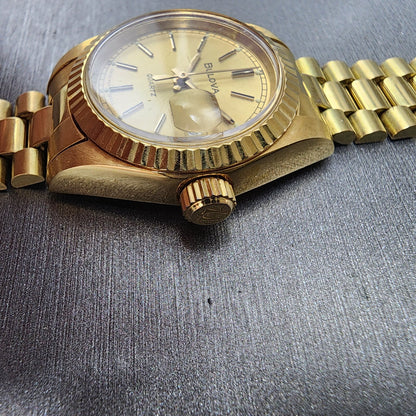 Bulova Watch Women 26mm Gold Dial Gold Tone Date Round BROKEN BAND New Battery3
