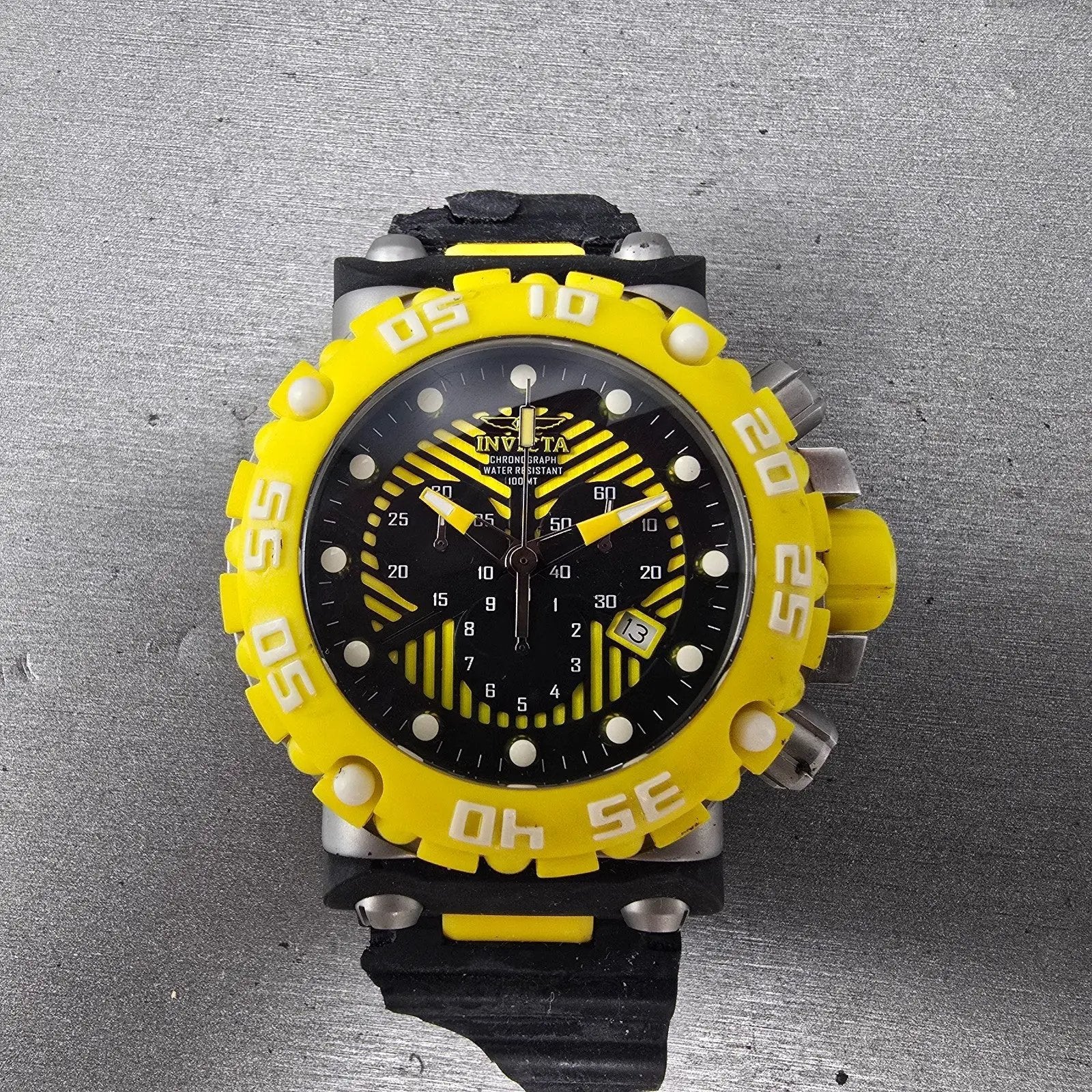 Invicta Chronograph Dive Watch Men 50mm Black Dial Steel Yellow 10038 NewBatt JK0