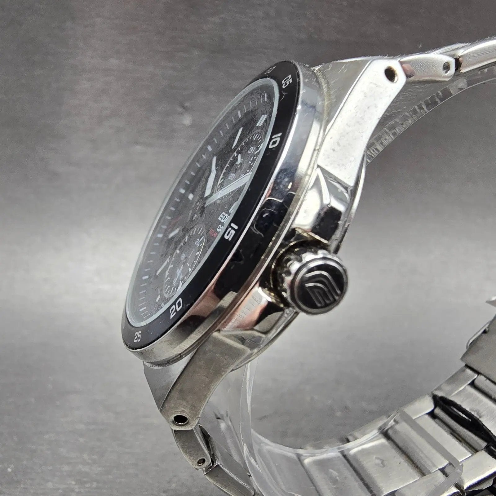 Casio Edifice Solar Watch Men 44mm Black Dial Silver Tone Daydate EF-340 Runs2