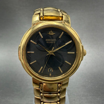 Seiko Watch Unisex 32mm Black Dial Gold Tone Date Round V722-6B10 New Battery0