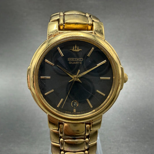 Seiko Watch Unisex 32mm Black Dial Gold Tone Date Round V722-6B10 New Battery0