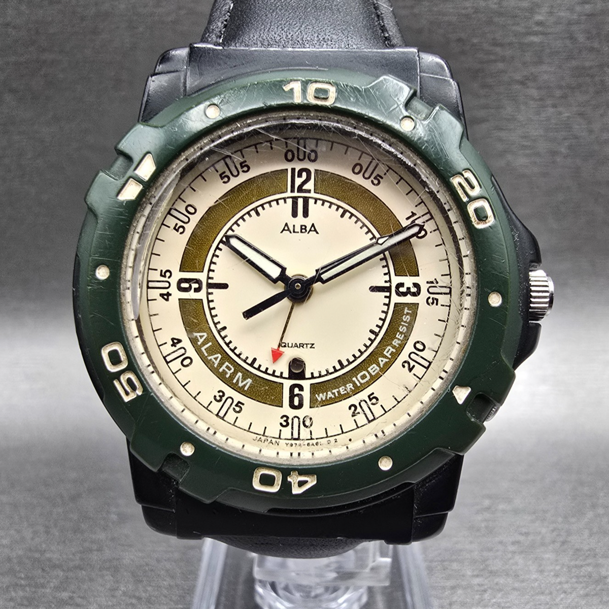 Seiko Alba Watch Men 38mm Cream Dial Black Green Alarm Round Y974-6A40 New Batt0