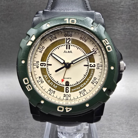 Seiko Alba Watch Men 38mm Cream Dial Black Green Alarm Round Y974-6A40 New Batt0