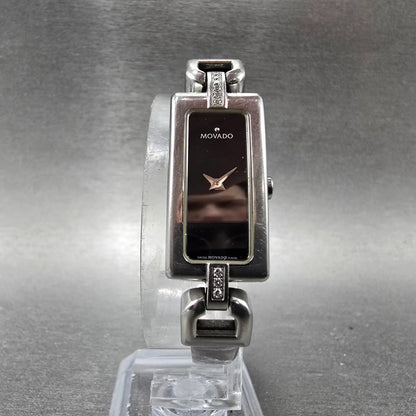 Movado Vivo Tank Watch Women 14mm Black Dial Steel Rectangle Diamonds New Batt5