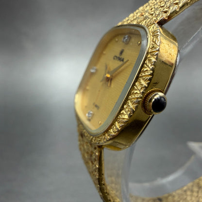 Cyma Watch Women 22mm Gold Dial Gold Tone Rectangle 806 New Battery Vintage2