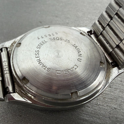 Casio 54QS-25 Watch Men 35mm Digital Silver Tone Round Daydate VTG PARTS10