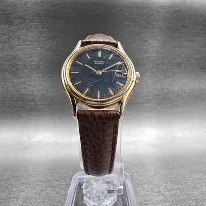 Seiko Watch Women 24mm Black Dial Gold Tone Date Round 7N82-0100 New Battery JP25