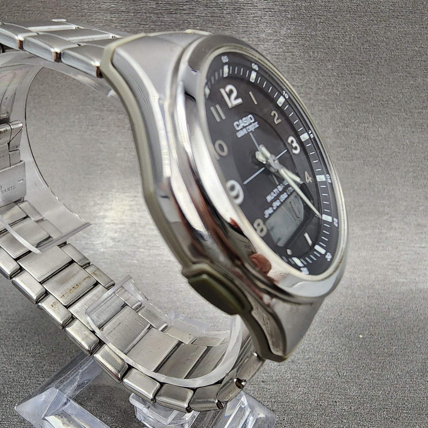 Casio Wave Ceptor Watch Men 41mm Black Dial Steel Analog Digital Solar Runs B1233