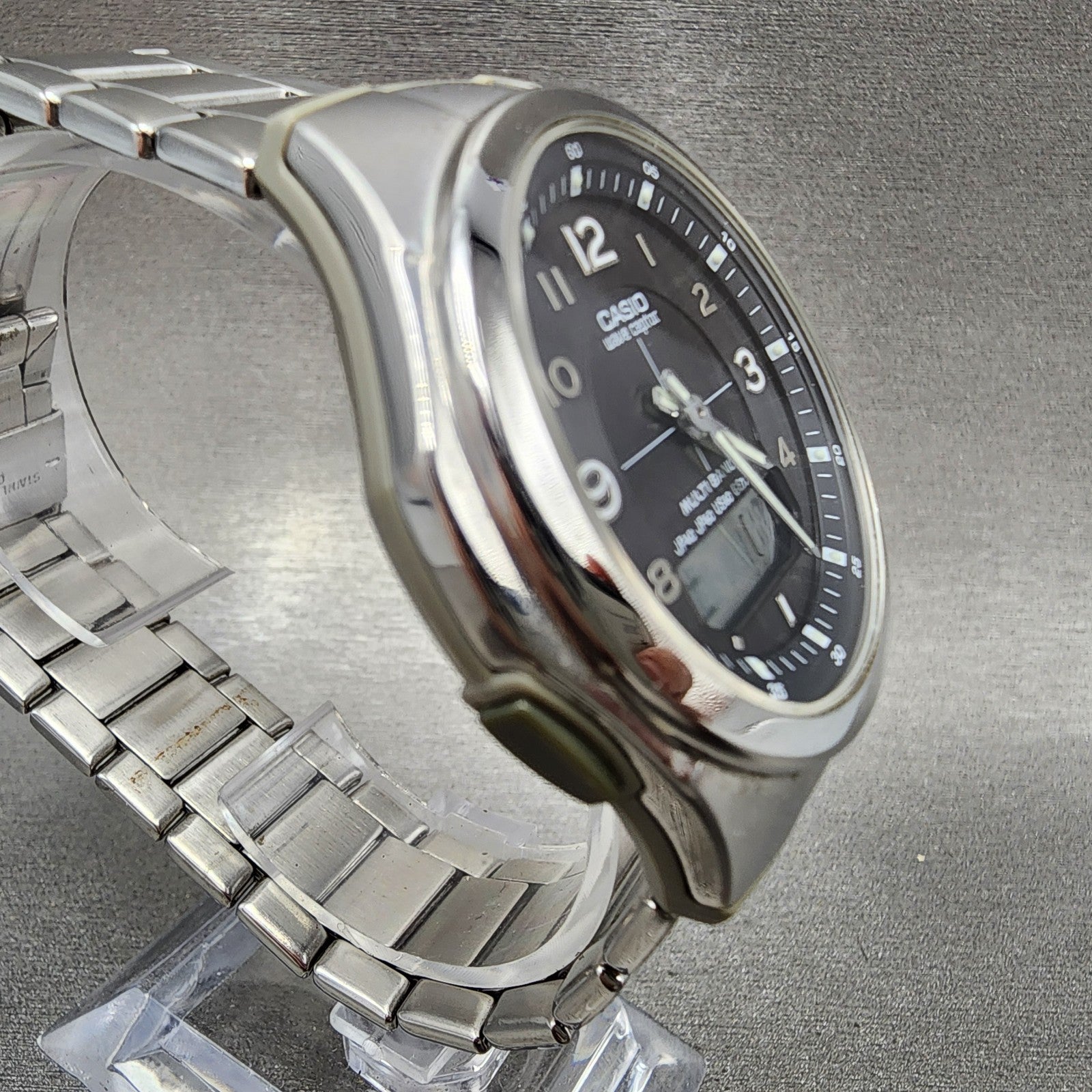 Casio Wave Ceptor Watch Men 41mm Black Dial Steel Analog Digital Solar Runs B1233