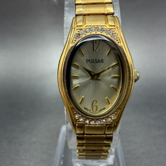 Pulsar Watch Women 17mm Champagne Dial Gold Tone Oval 1N00-X318 New Battery0