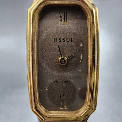 Tissot Tank Watch Women 14mm Brown Dial Gold Tone Octagon  New Battery