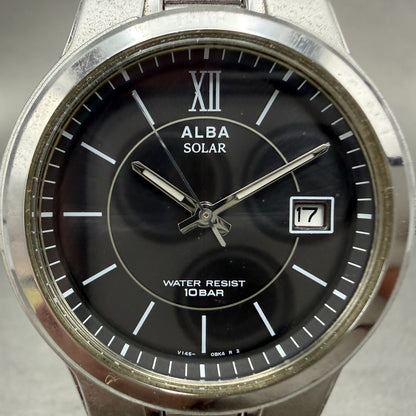Seiko Alba Solar Watch Men 36mm black Dial Silver Tone Date V145-0AT0 Runs1