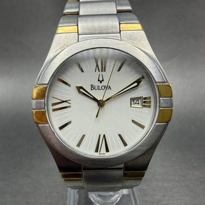 Bulova Watch Men 35mm White Dial Two Tone Date Round 98H04 New Battery0