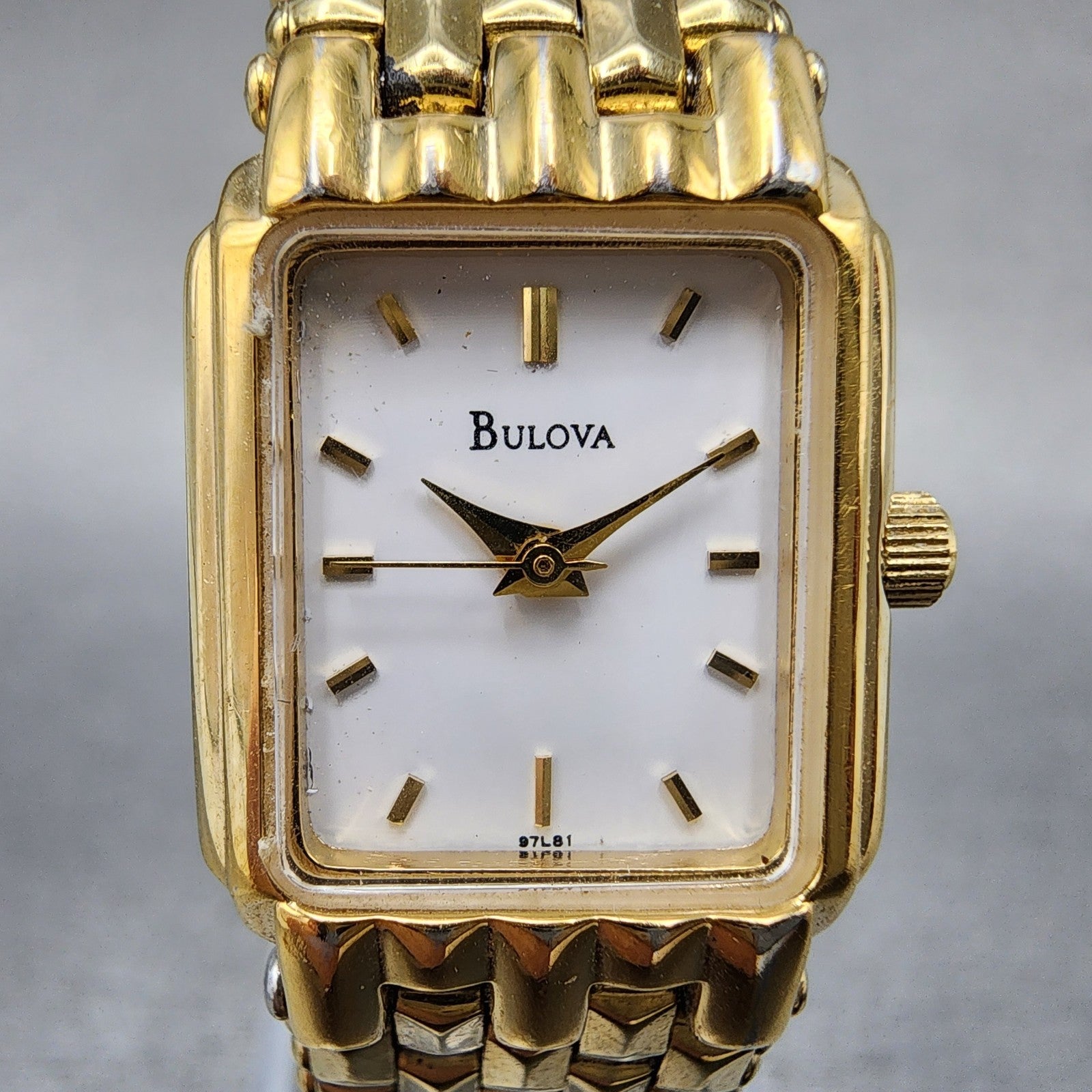 Bulova Tank Watch Women 17mm White Dial Gold Tone Rectangle 97L81 New Battery1