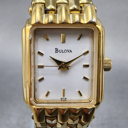 Bulova Tank Watch Women 17mm White Dial Gold Tone Rectangle 97L81 New Battery1