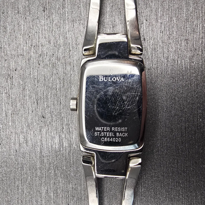 Bulova Watch Women 17mm Black Dial Silver Tone Rectangle 96T03 New Battery10
