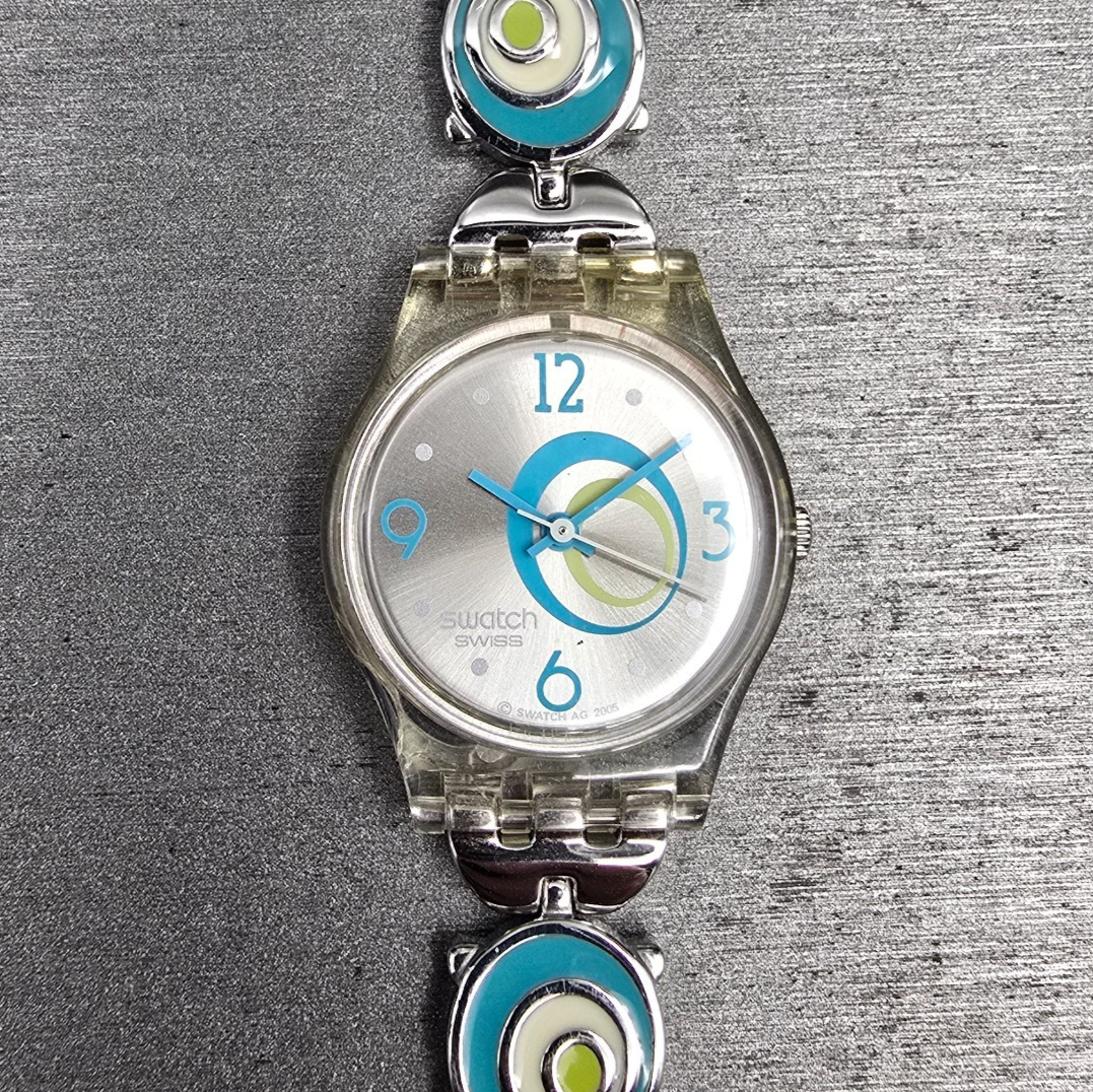 Swatch Check Pea Watch Women 25mm Silver Dial Clear Case Round LK267G New Batt0