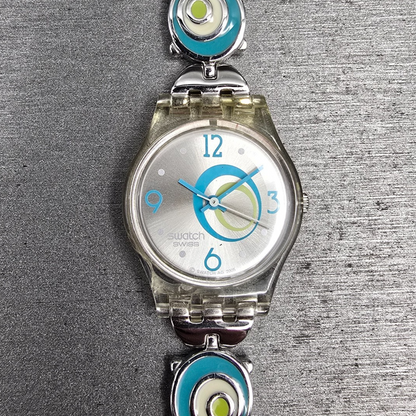Swatch Check Pea Watch Women 25mm Silver Dial Clear Case Round LK267G New Batt0