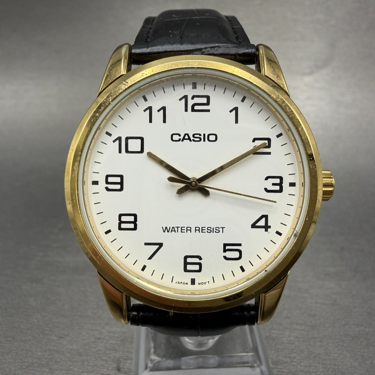 Casio Watch Men 38mm White Dial Gold Tone Round MTP-V001 NewBattery Leather Band0