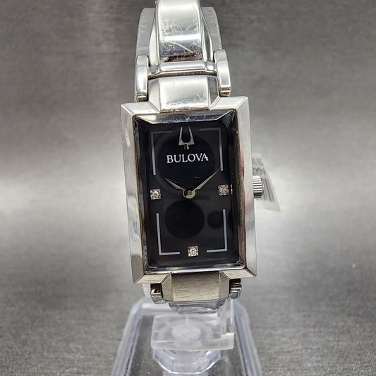 Bulova Tank Watch Women 18mm Black MOP Dial Steel Rectangle 96P209 New Battery0