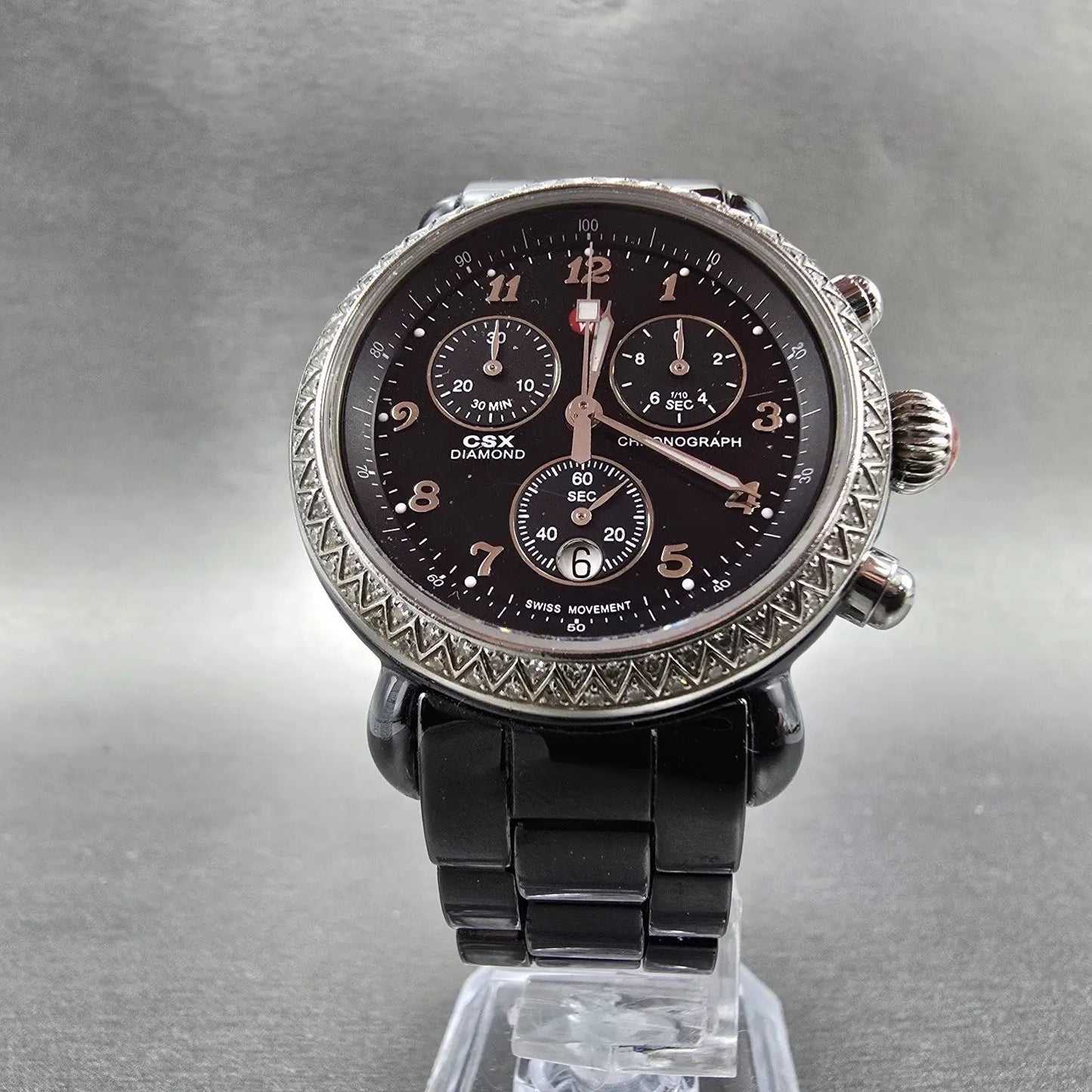 Michele CSX Chronograph Diamond Watch Women 37mm Black Dial Ceramic New Battery6