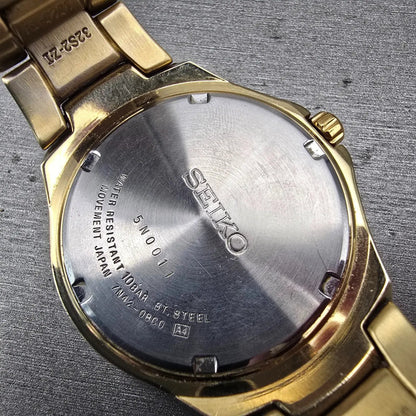 Seiko Watch Men 37mm Black Dial Gold Tone Date Round 7N42-0BC0 New Battery VTG10