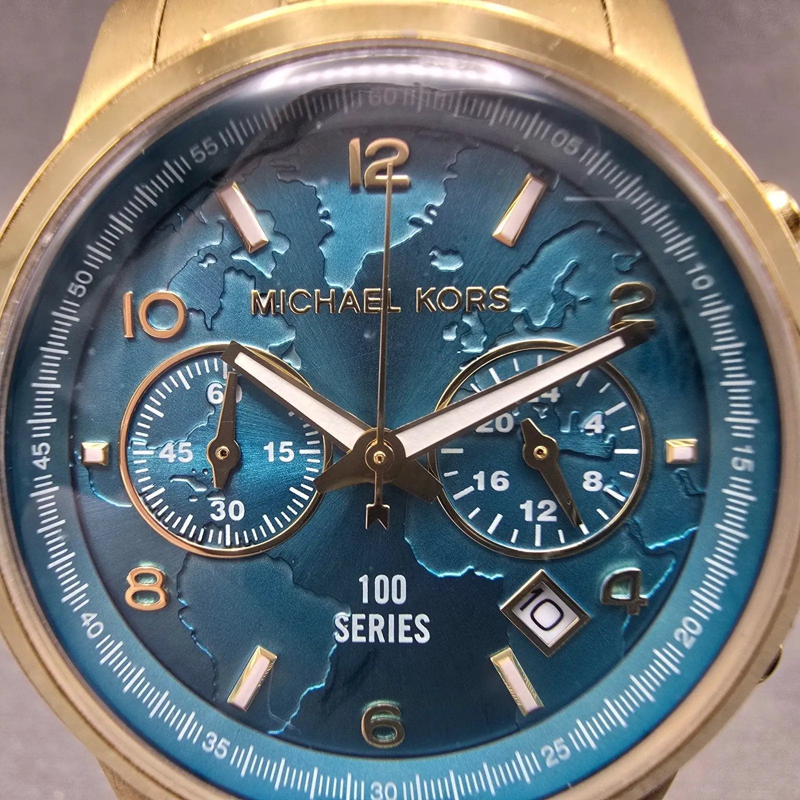 Michale Kors Hunger Stop Chronograph Watch Women 38mm Blue Dial Gold Tone NewBat1