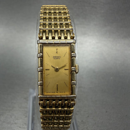 Seiko Tank Watch Women 12mm Champagne Dial Gold Tone 2e205079 New Battery0