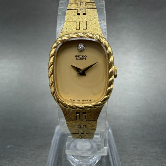Seiko Watch Women 17mm Tan Dial Gold Tone Rectangle VTG 1400-5349 New Battery0