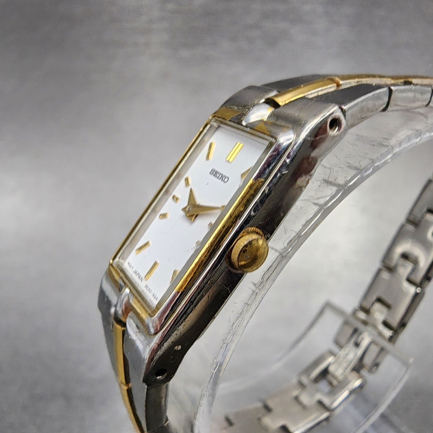 Seiko Watch Women 13mm White Dial Two Tone Rectangle 2E207479 New Battery C5672
