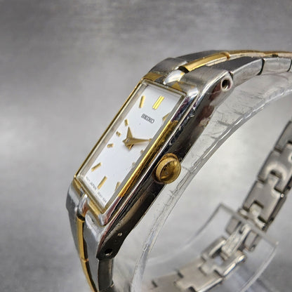 Seiko Watch Women 13mm White Dial Two Tone Rectangle 2E207479 New Battery C5672
