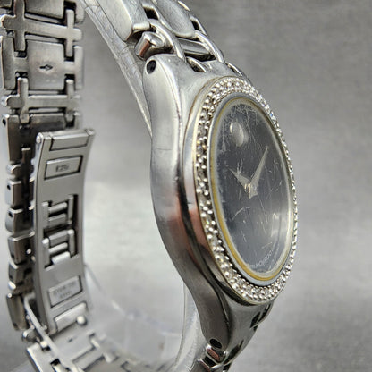 Movado Museum Watch Women 24mm Black Dial Steel Diamond Bezel New Battery