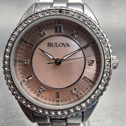 Bulova Watch Women 30mm MOP Dial Silver Tone Gemmed Round 96L218 New Battery1