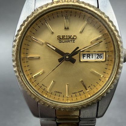 Seiko Watch Women 24mm Gold Dial Two Tone Daydate Round 7n83-0041 New Battery 5D1