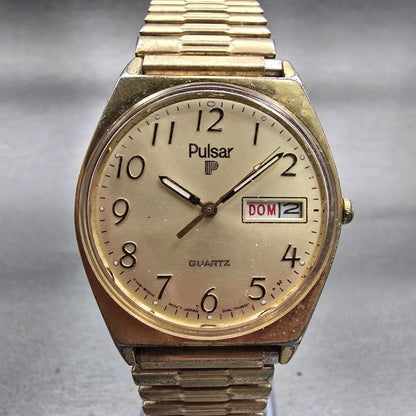 Seiko Pulsar Watch Men 34mm Champagne Dial Gold Tone Daydate Y148-8009 New Batt0