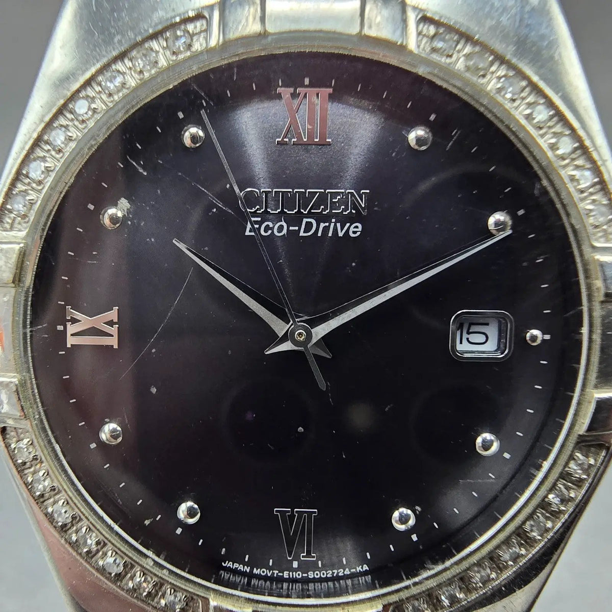 Citizen Eco-Drive Watch Men 36mm Black Dial Silver Date Round Diamonds Runs JP1