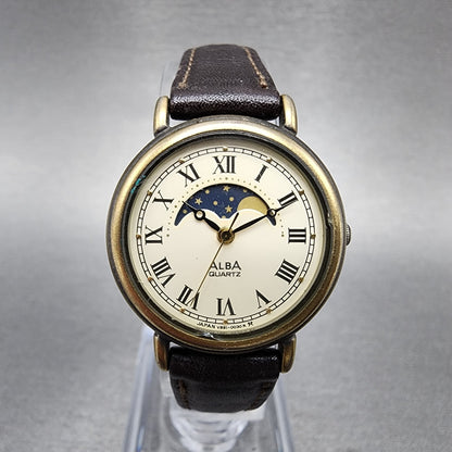 Seiko Alba Moon Phase Watch Women 20mm Champagne Dial Brass Tone Round New Batt0
