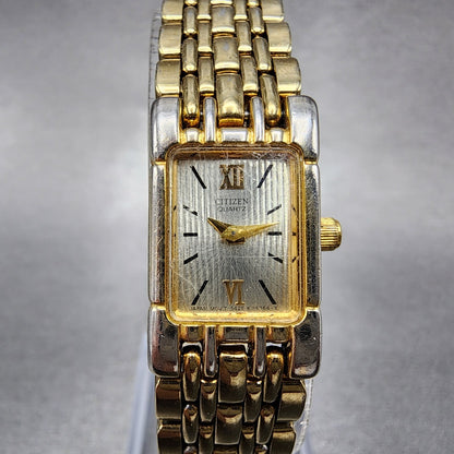 Citizen Tank Watch Women 15mm Silver Dial Gold Tone Rectangle New Battery VTG0