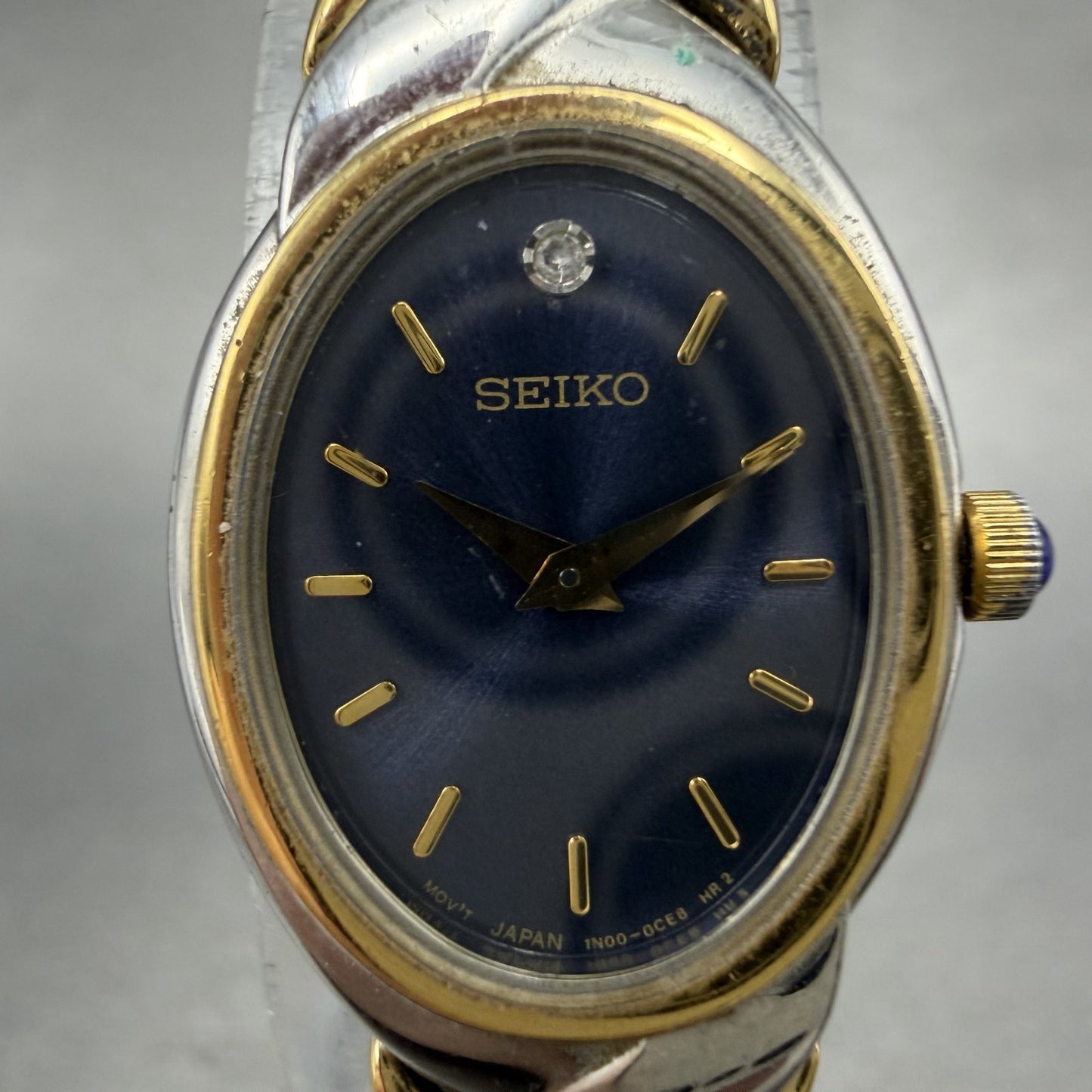 Seiko Watch Women 18mm Blue Dial Two Tone Oval Diamond 1N00-0BL0 New Battery1
