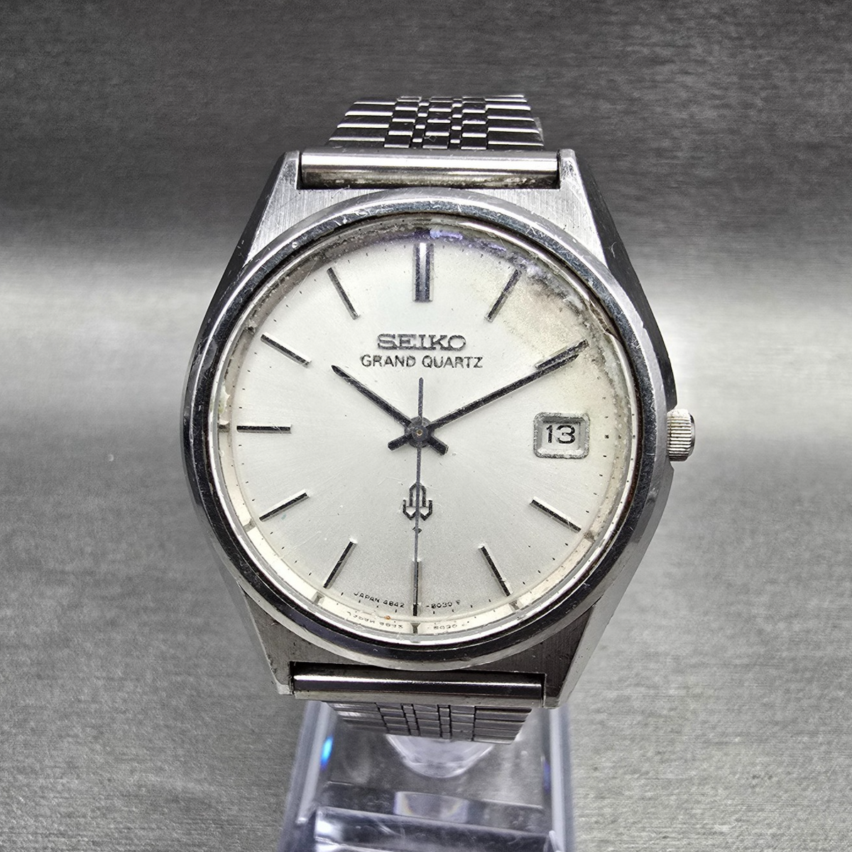 Seiko Grand Quartz Watch Men 36mm Silver Dial Silver Daydate 4842-8041 New Batt0