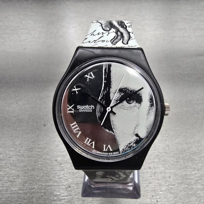 Swatch Gent GLANCE Watch Men 34mm Silver Dial Black Case Round GB149 New Batt L0