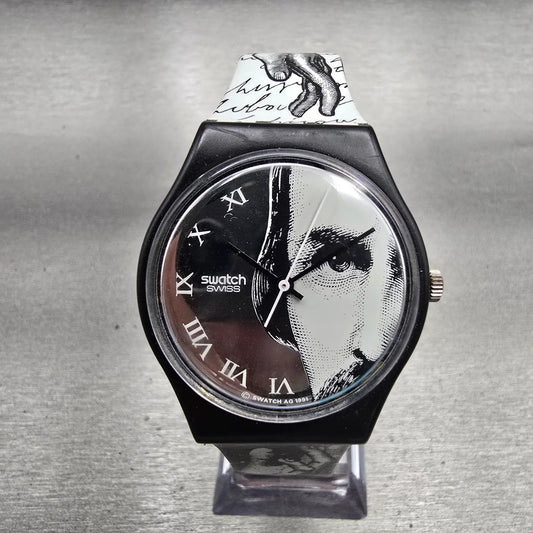 Swatch Gent GLANCE Watch Men 34mm Silver Dial Black Case Round GB149 New Batt L0