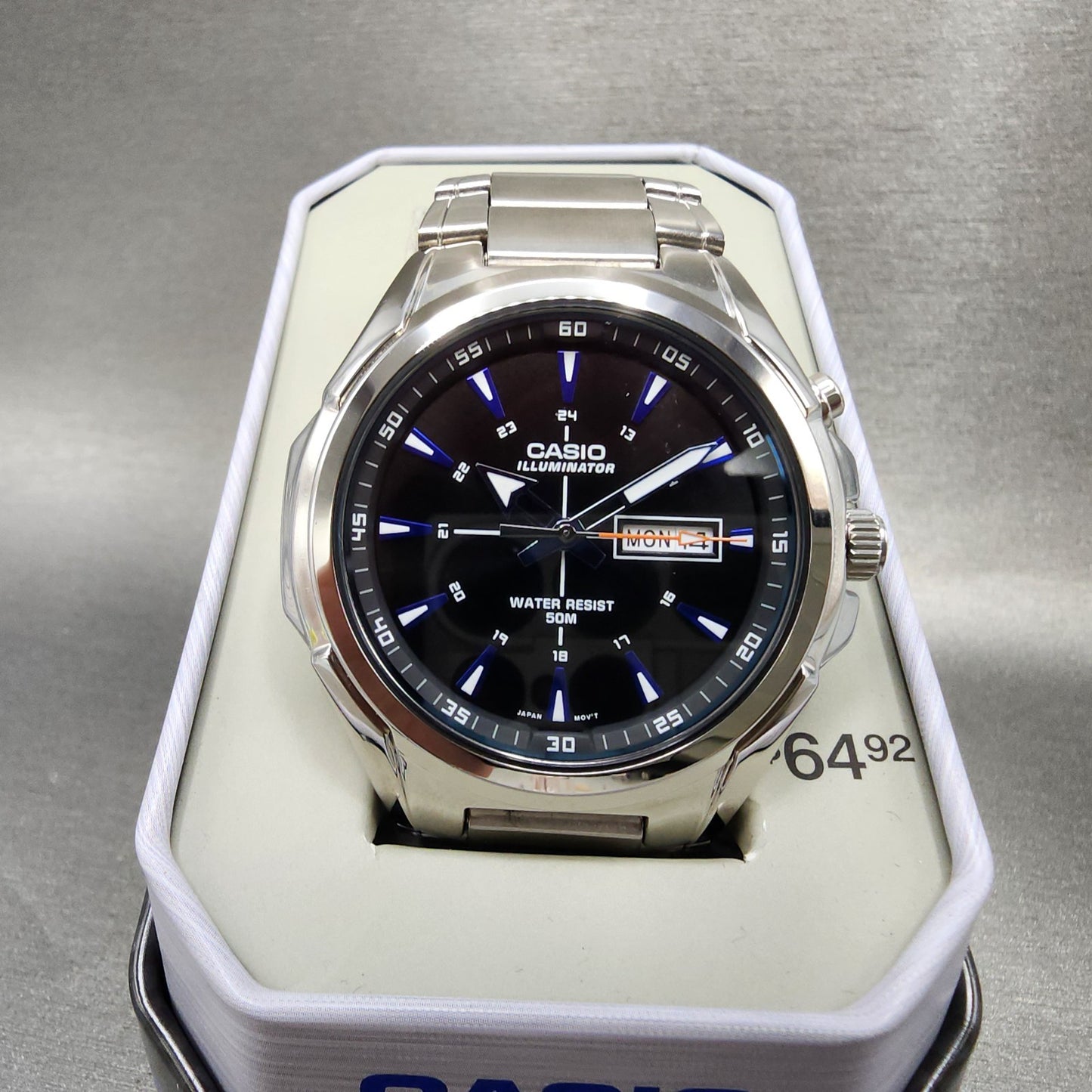 Casio Illuminator MTPE200 Watch Men 45mm Black Dial Silver Tone Daydate NewBatt0
