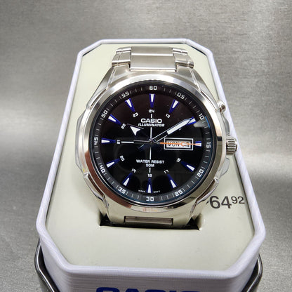 Casio Illuminator MTPE200 Watch Men 45mm Black Dial Silver Tone Daydate NewBatt0