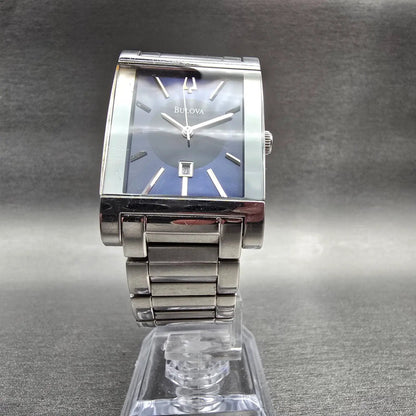 Bulova Tank Watch Men 27mm Blue Dial Silver Tone Date Rectangle 96G75 New Batt5