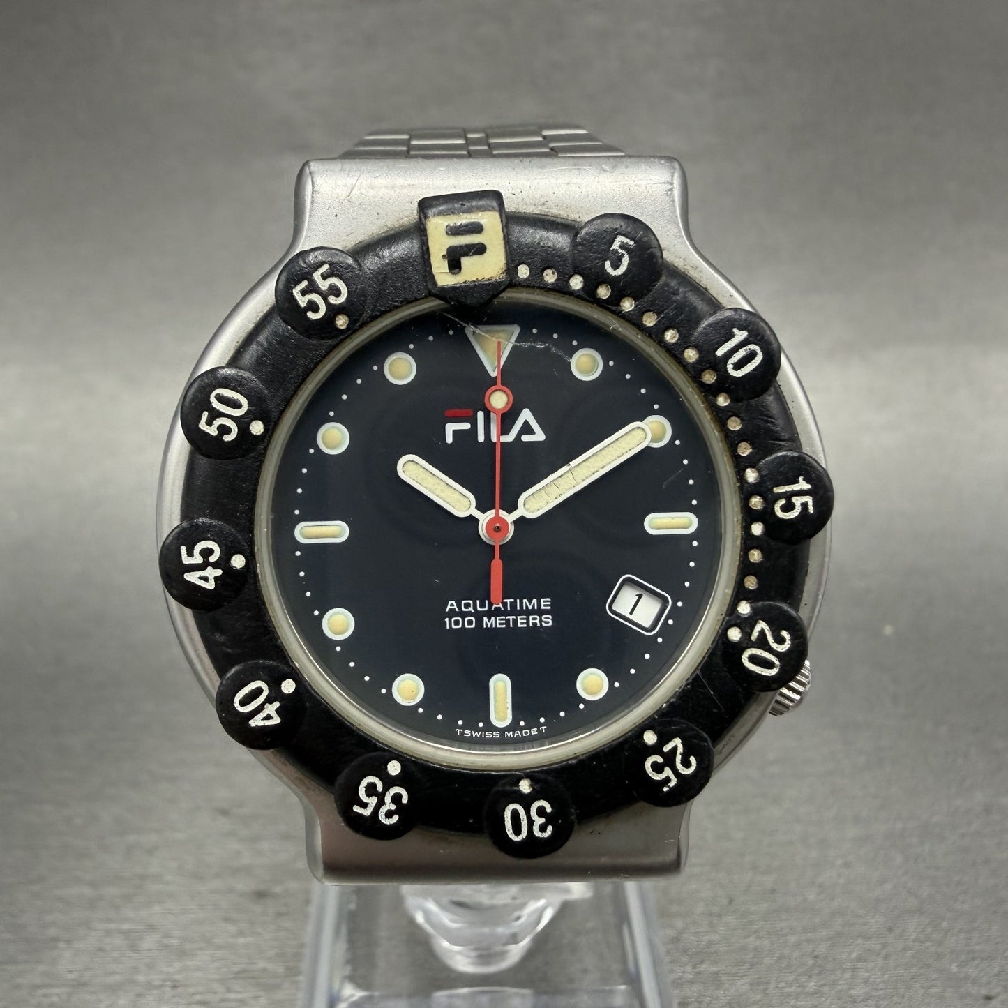 Fila Dive Watch Men 38mm Black Dial Silver Tone Round Date New Battery0