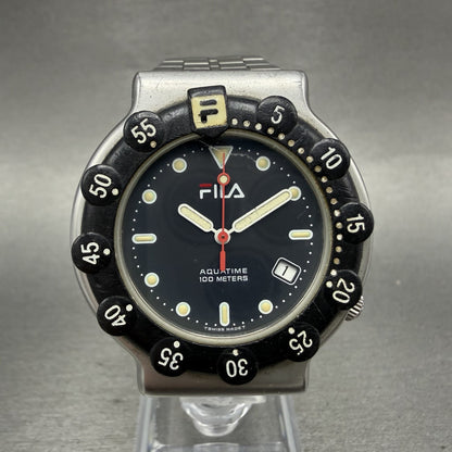 Fila Dive Watch Men 38mm Black Dial Silver Tone Round Date New Battery0
