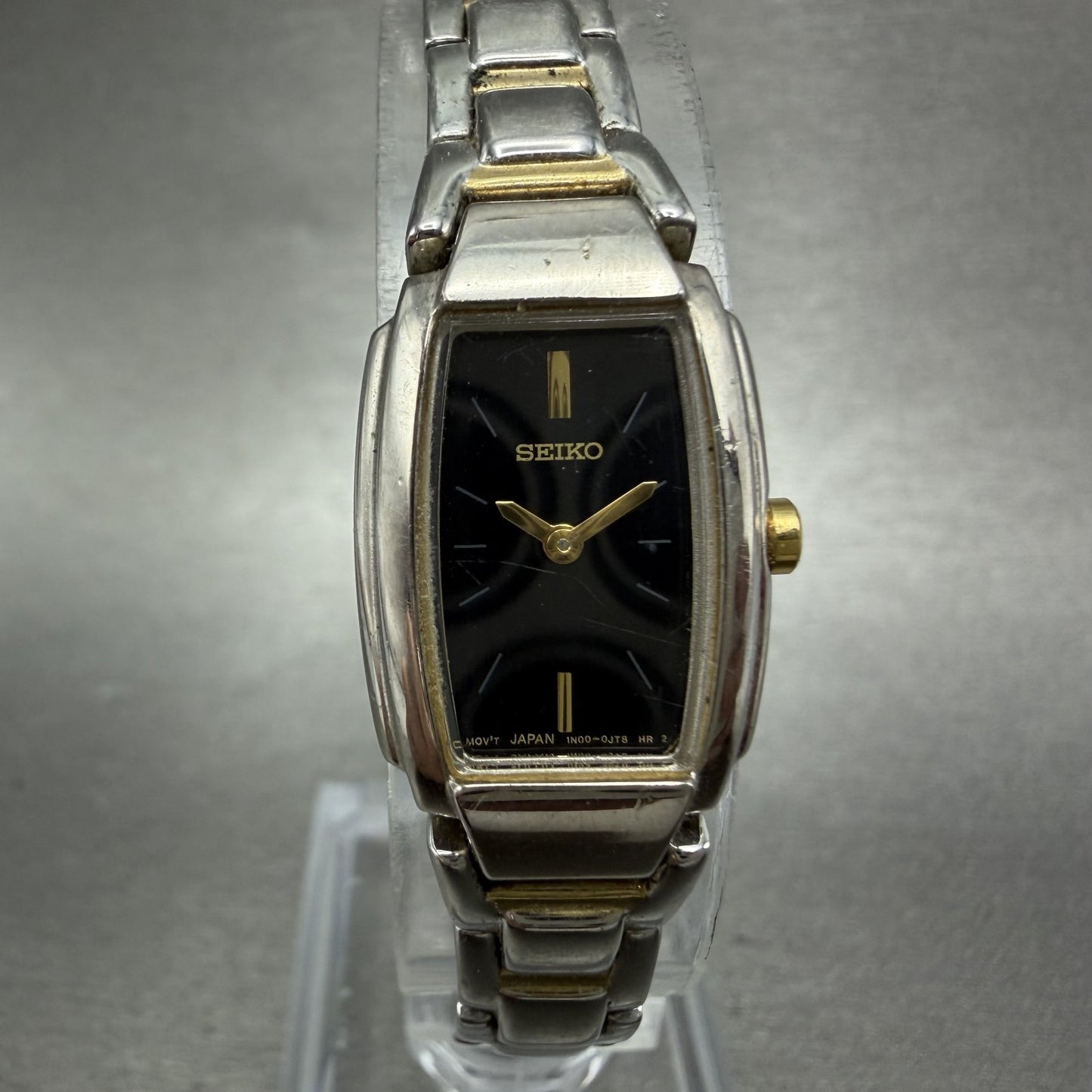 Seiko Watch Women 16mm Black Dial Two Tone Rectangle VTG 1N00-0GA0 New Battery0