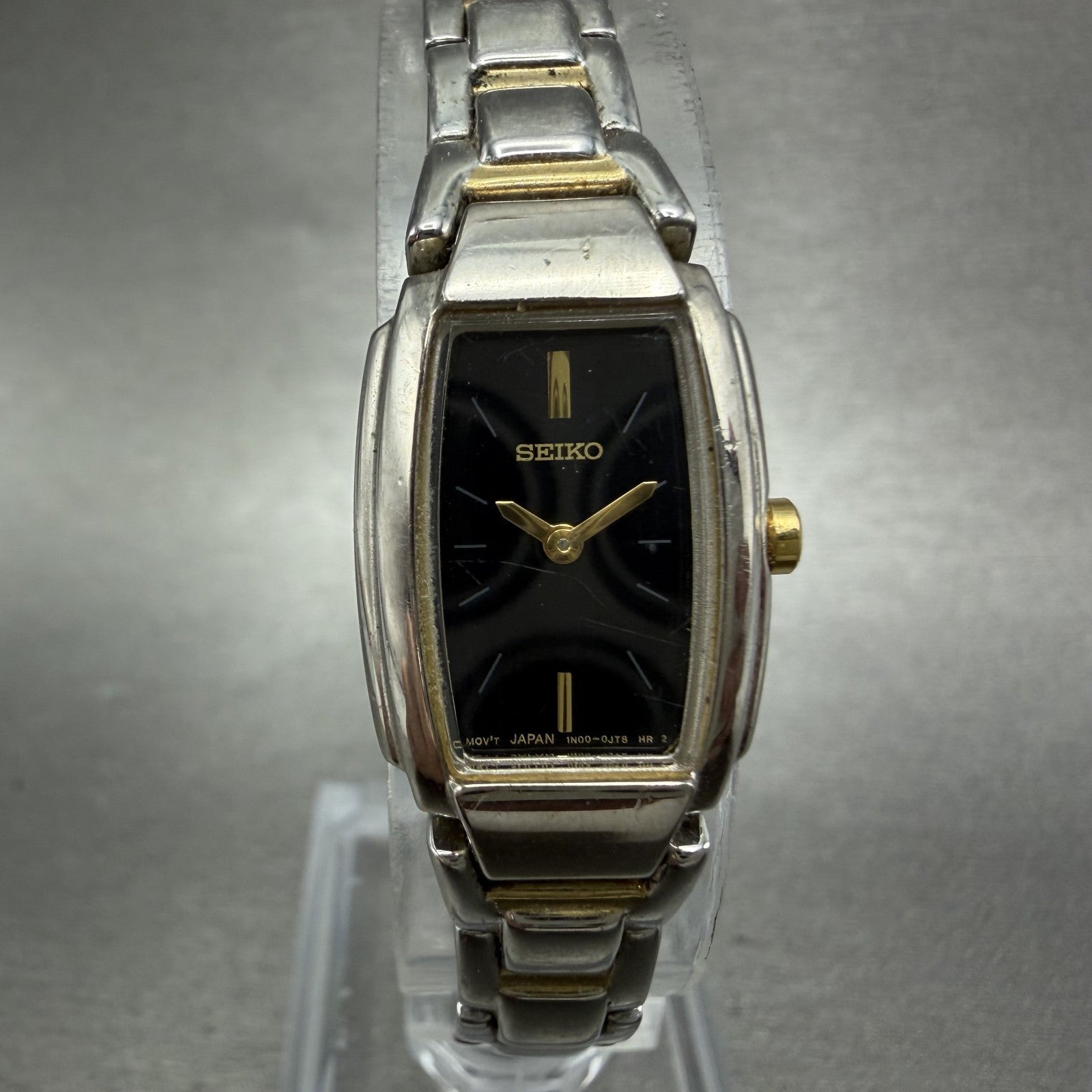 Seiko Watch Women 16mm Black Dial Two Tone Rectangle VTG 1N00-0GA0 New Battery0