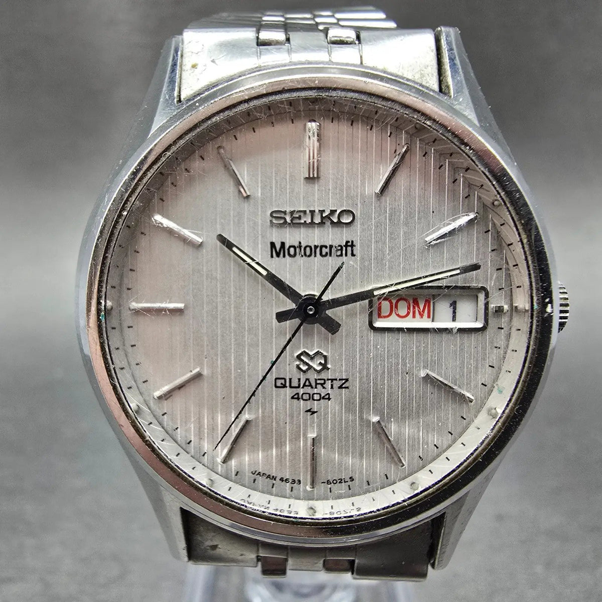 Seiko Motorcraft SQ 4004 Watch Men 36mm Silver Dial Steel Daydate 4633-8029 PART0